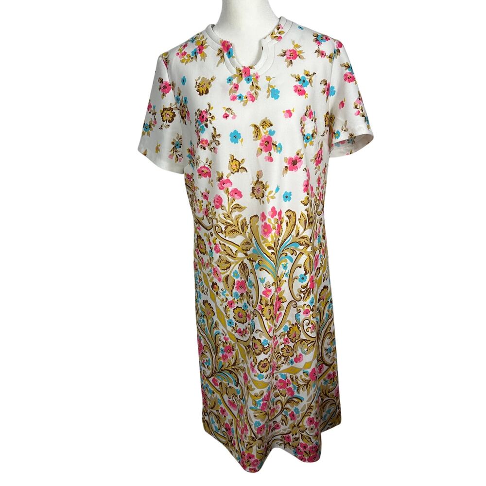 VTG‎ Lady Carol Floral Shift Dress Mod Retro Short Sleeve Cream Pink Womens M
